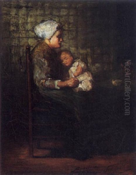 Peasant Interior With Mother And Child Oil Painting by Engelina Helena Schlette