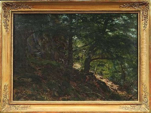 Wanderer In Felsiger Waldlandschaft Oil Painting by Carl Von Schlicht