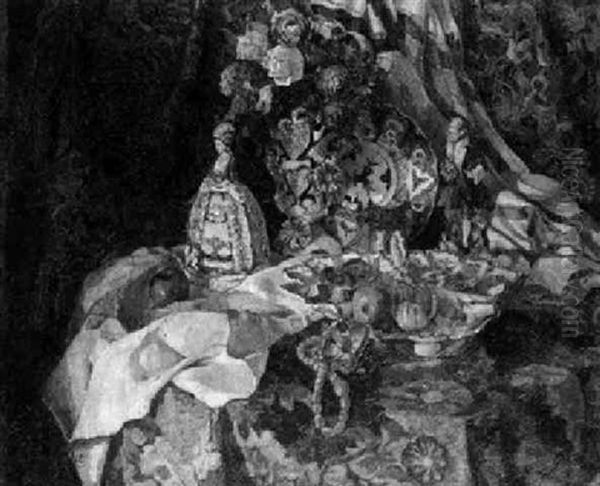 Groses Variastilleben Mit Obst, Porzellanfiguren, Imariteller, Rosenstraus Und Anderen Sachen Oil Painting by Carl Von Schlicht