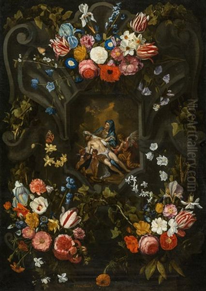 Blumenkartusche Mit Beweinung Oil Painting by Jan Philipp van Schlichten