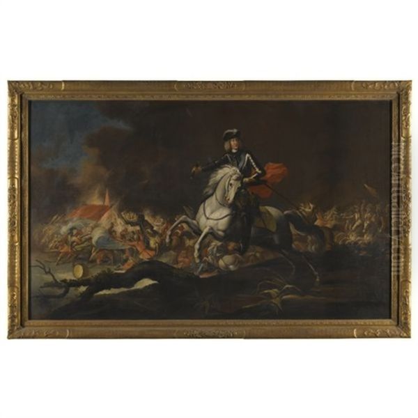 Equestrian Portrait Of Commander Johann Kaspar Freiherr Von Hillesheim In Front Of A Battle Oil Painting by Jan Philipp van Schlichten