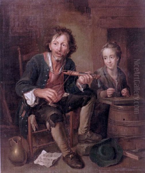 An Interior With A Dancing Master Playing A Pochette En Bateau With His Young Female Companion Playing The Duleimer Oil Painting by Johann Franz von der Schlichten