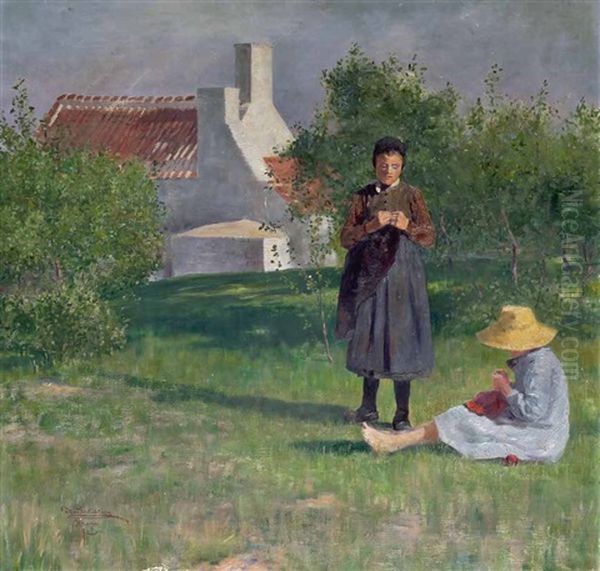 Zwei Strickende Madchen Auf Einer Wiese Oil Painting by Max Schlichting