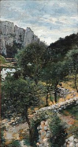 Southern Landscape With Olive Trees Oil Painting by Karl Peter August Schlichting-Carlsen