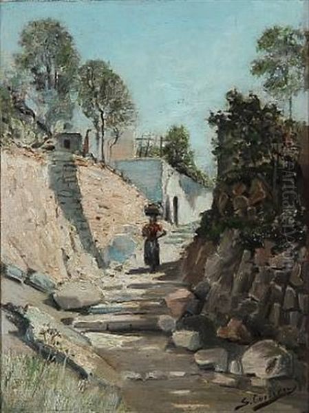 Summer Day In Italy With A Woman On A Road Oil Painting by Karl Peter August Schlichting-Carlsen