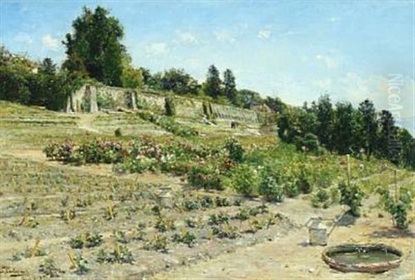 View From Switzerland With Gardeners In Slope Oil Painting by Karl Peter August Schlichting-Carlsen