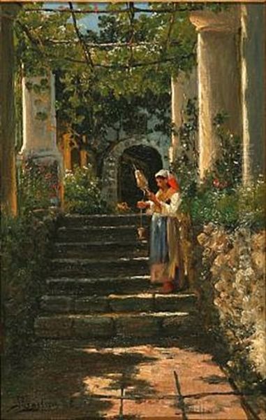 An Italian Woman With A Spindle On A Staircase Oil Painting by Karl Peter August Schlichting-Carlsen