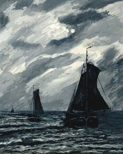 Boote Bei Nacht Oil Painting by Johann Christopher Schlichtkrull