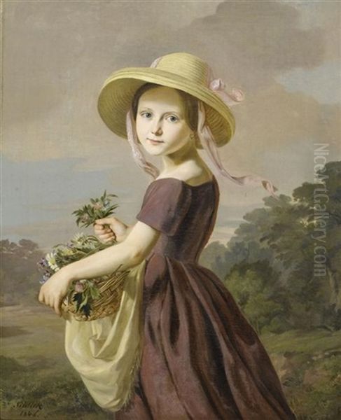 Madchen Mit Blumenkorbchen Oil Painting by Friedrich Gustav Schlick