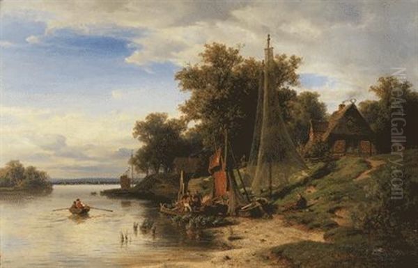 Fischerdorf An Der Elbe Oil Painting by August Eduard Schliecker