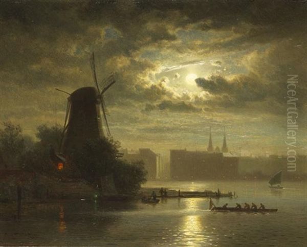 Mondschein Uber Der Alster Oil Painting by August Eduard Schliecker