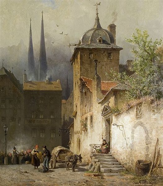 Old Town Idyll Oil Painting by August Eduard Schliecker