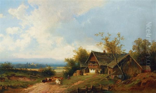 Cows In Front Of A House Oil Painting by August Eduard Schliecker