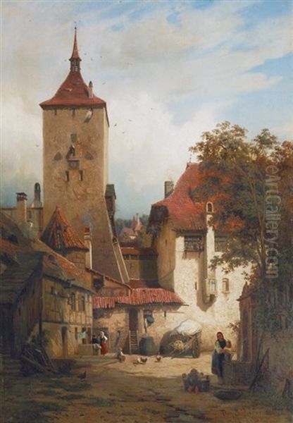 At The Fountain Near The Town Gate Oil Painting by August Eduard Schliecker