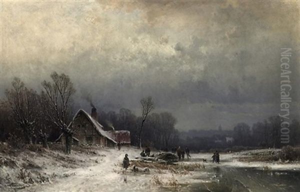 Winterliche Fluslandschaft. Abendstimmung Oil Painting by August Eduard Schliecker