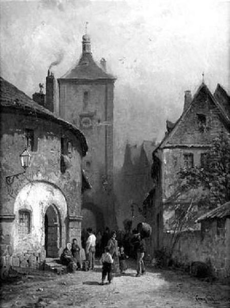 Altstadtgasse Mit Figurenstaffage Oil Painting by August Eduard Schliecker