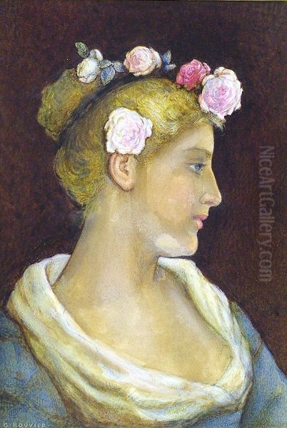 Profile Portrait Of A Beautywith Roses In Her Hair Oil Painting by Gustavus Arthur Bouvier