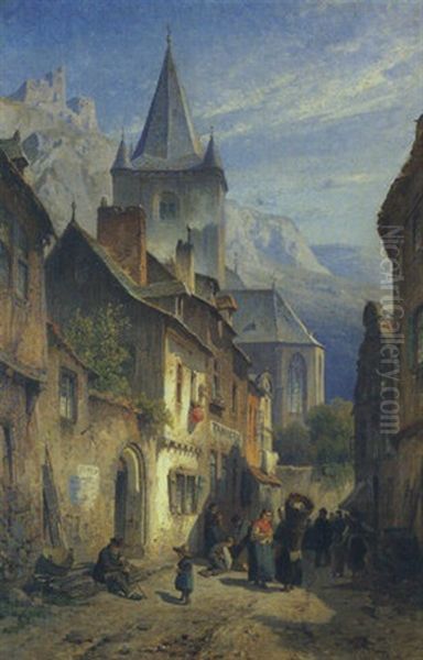 Continental Town Scene With Figures Chatting Oil Painting by August Eduard Schliecker