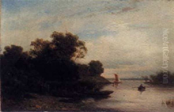 Figures In A Boat On A Riverside by August Eduard Schliecker