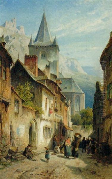 Figures In A Street Oil Painting by August Eduard Schliecker