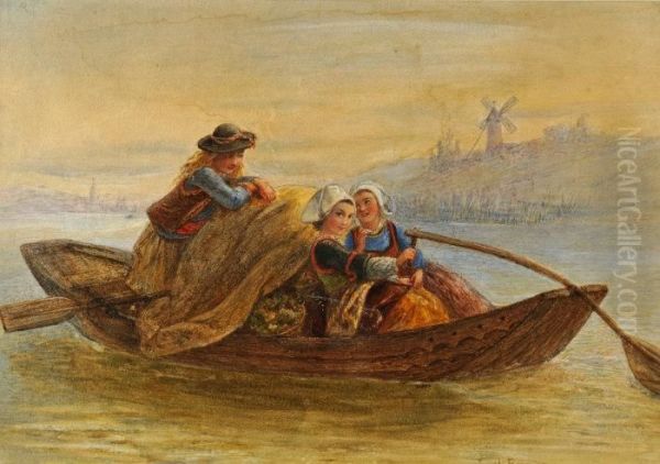 Three Young Girls In A Boat Oil Painting by Laurent Joseph Daniel Bouvier