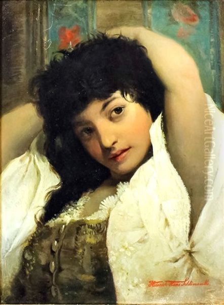 Shoulder Length Portrait Of Dark Haired Young Girl Wearing Cream Trimmed Dress Oil Painting by Heinrich Hans Schlimarski