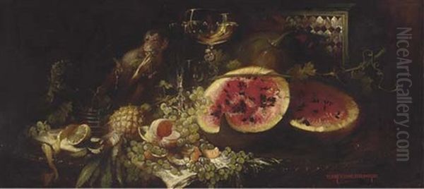 A Monkey At A Table With Fruit And Wine Oil Painting by Heinrich Hans Schlimarski