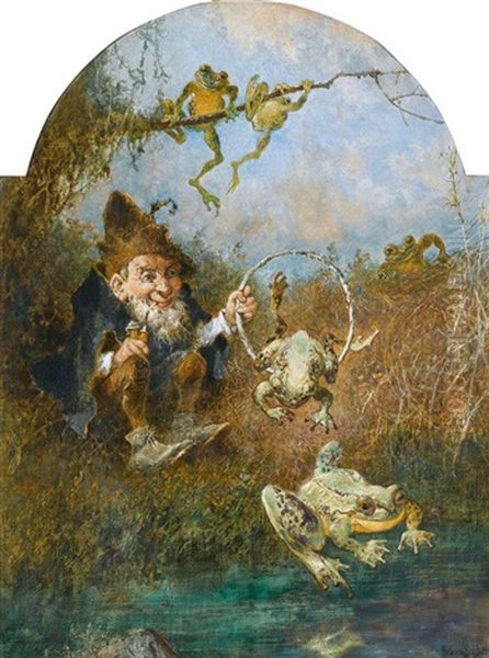 Heinzelmannchen Beim Heiteren Froschspiel Oil Painting by Heinrich Schlitt