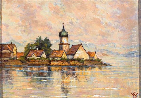 Blick Vom Malerwinkel Auf Die Halbinsel Wasserburg Am Bodensee Oil Painting by Willy Schlobach