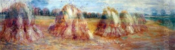 Cornstacks In A Harvest Field Oil Painting by Willy Schlobach