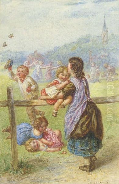 French Children In A Village Playground, With A Young Boy Trying To Catch Butterflies Nearby Signed Oil Painting by Laurent Joseph Daniel Bouvier