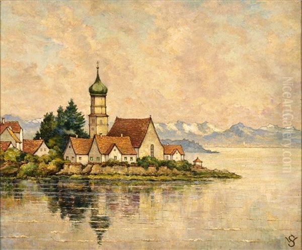 Blick Auf Die Halbinsel Wasserburg Vom Malerwinkel Aus An Einem Fruhlingstag Oil Painting by Willy Schlobach