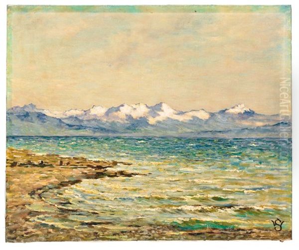 Uferstuck Am Bodensee Mit Blick Auf Verschneiten Gebirgshorizont An Einem Fruhlingstag Oil Painting by Willy Schlobach