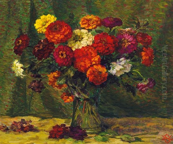 Prachtvoller Zinnienstraus Oil Painting by Willy Schlobach