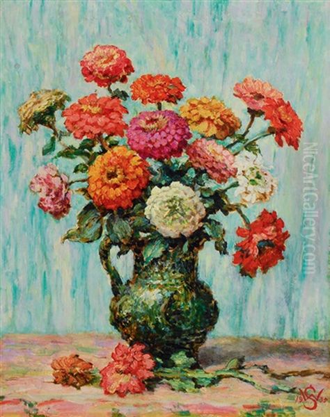 Flower Bouquet In A Green Jug Oil Painting by Willy Schlobach