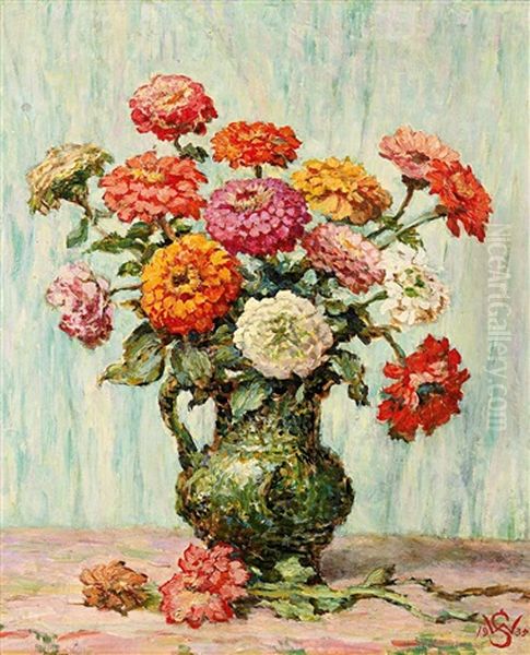 Ein Sommerblumenstraus Mit Dahlien Und Gerbera by Willy Schlobach