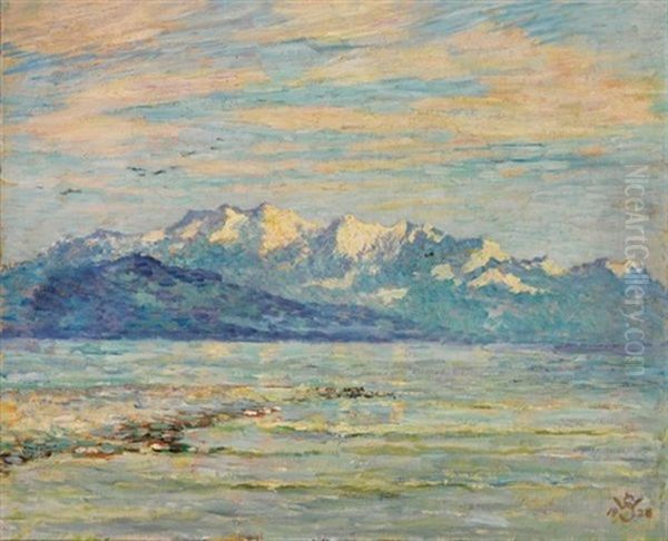 Seascape With Mountains In The Background Oil Painting by Willy Schlobach