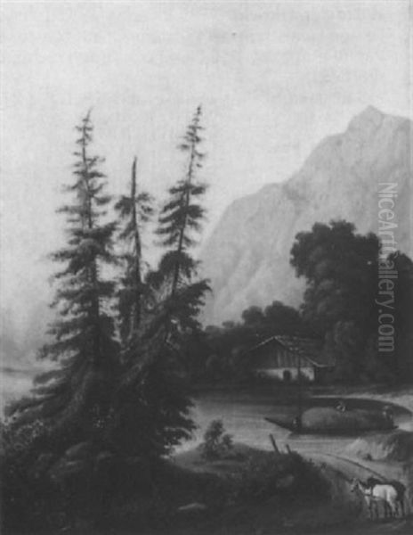 Lastkahn Mit Heu Auf Bayerischem See Vor Bergkulisse Oil Painting by Otto Schloderer