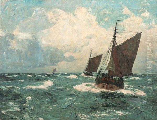 Fishing Boats In Choppy Sea Oil Painting by Eduard Schloemann