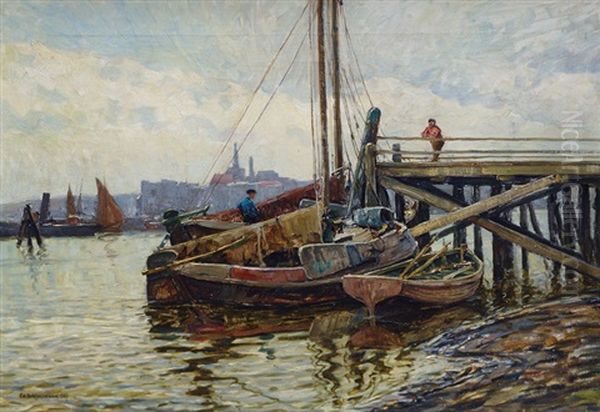 Fishing Harbour At Low Tide Oil Painting by Eduard Schloemann