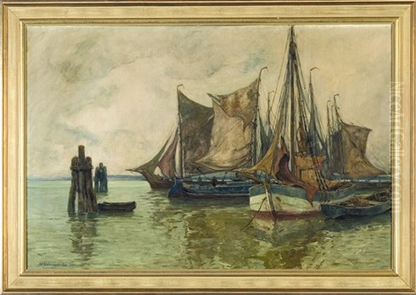 Fishing Boats In The Port Oil Painting by Eduard Schloemann