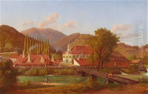 View Of Schlos Friedau With The Kindthal Scythe Factory Near Kindberg Oil Painting by Josef von Schloegl