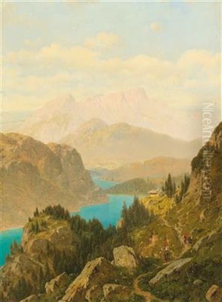 View Of The Konigssee And The Untersberg Oil Painting by Josef von Schloegl