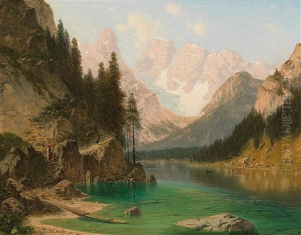 The Durrensee With View Of Monte Cristallo And Piz Popena Oil Painting by Josef von Schloegl