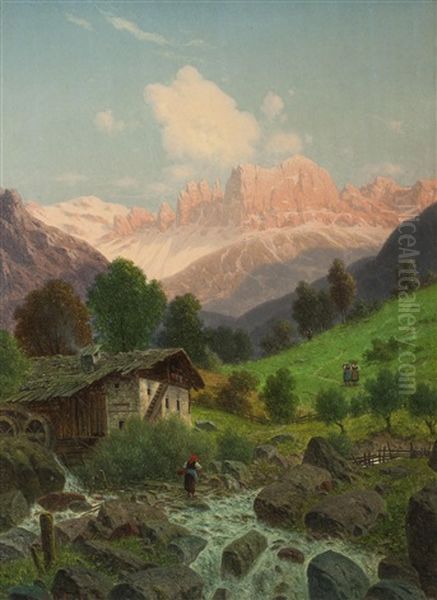 Alpenmuhle Oil Painting by Josef von Schloegl