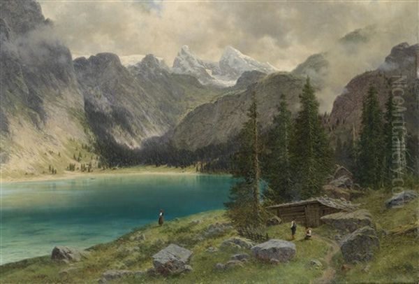 Landschaftsidylle Am Gebirgssee, Obersee ? Oil Painting by Josef von Schloegl