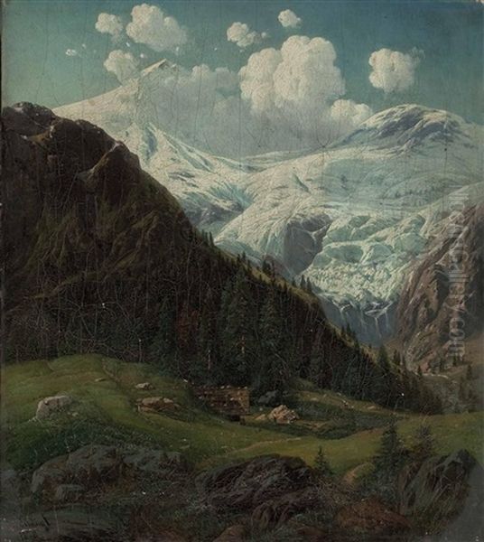 Tiroler Hochalm Mit Blick Auf Den Hintertuxer Gletscher Oil Painting by Josef von Schloegl