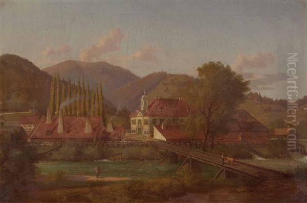 Fabriksgelande An Einem Fluss Oil Painting by Josef von Schloegl