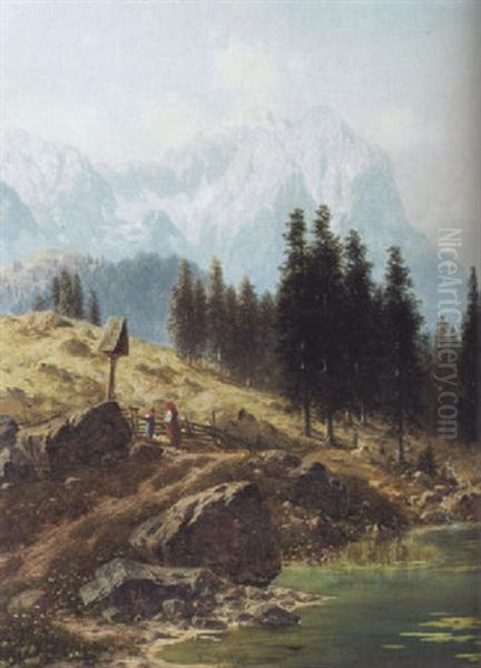 Waldweg Bei Partenkirche Mit Blick Auf Zugspitze Oil Painting by Josef von Schloegl