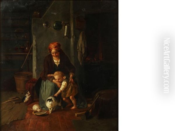 Mother With Child Stroking A Cat Oil Painting by Bernardt Schlosser